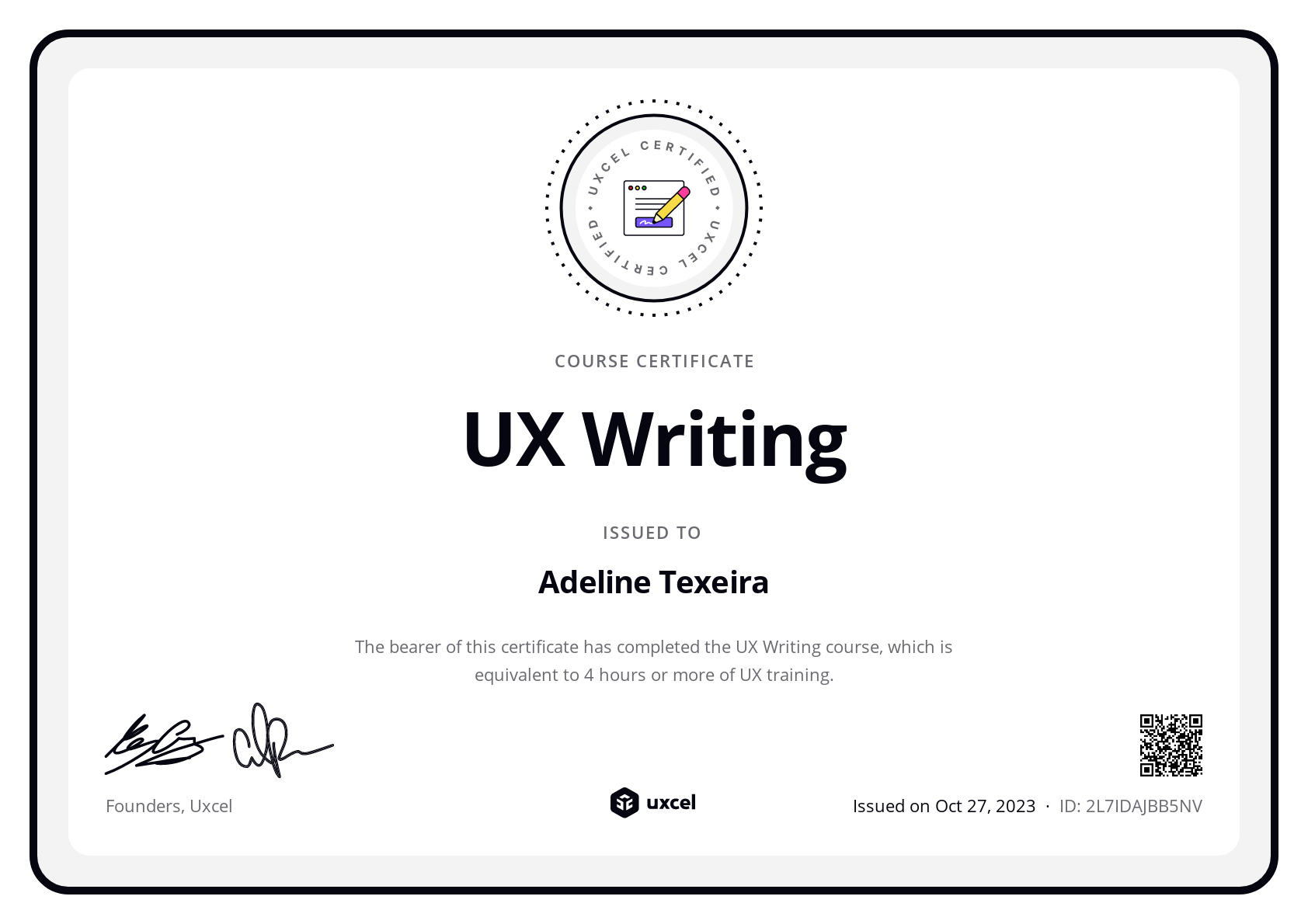 Adeline Texeira's certificate